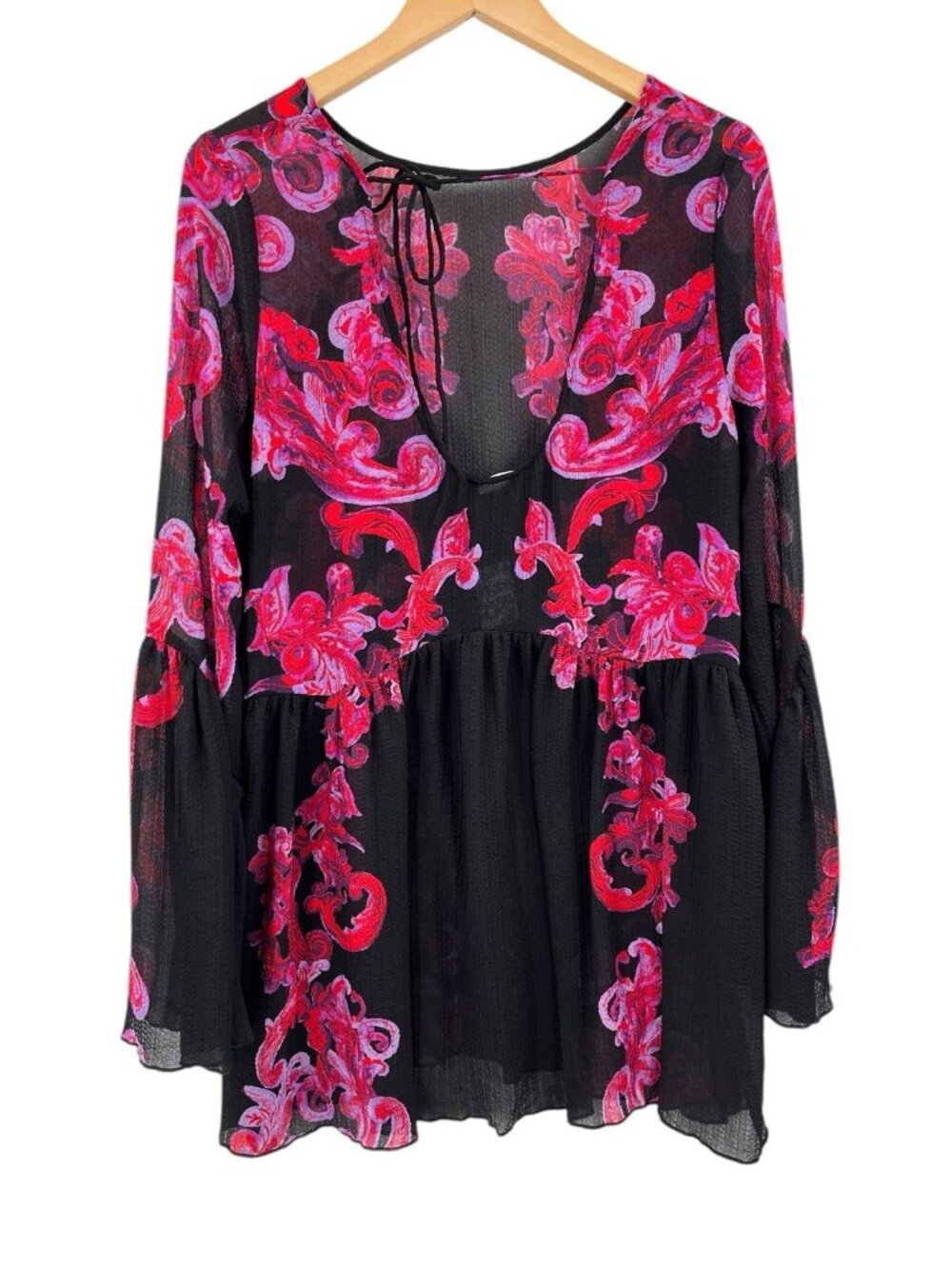 FREE PEOPLE INTIMATELY Women's Black Sheer Hot Pink Floral Tie Back Dress M NWT - Picture 7 of 7